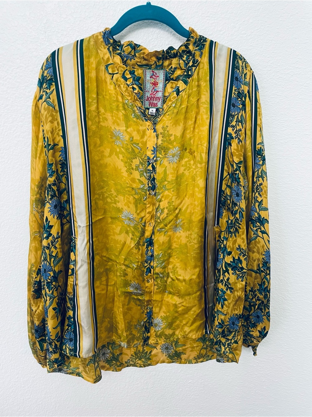 Johnny Was Yellow and Blue Floral Stripe Button-Down Shirt